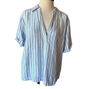 Universal Thread Blouse Women XL Blue Striped Short Sleeve Linen Casual Beachy